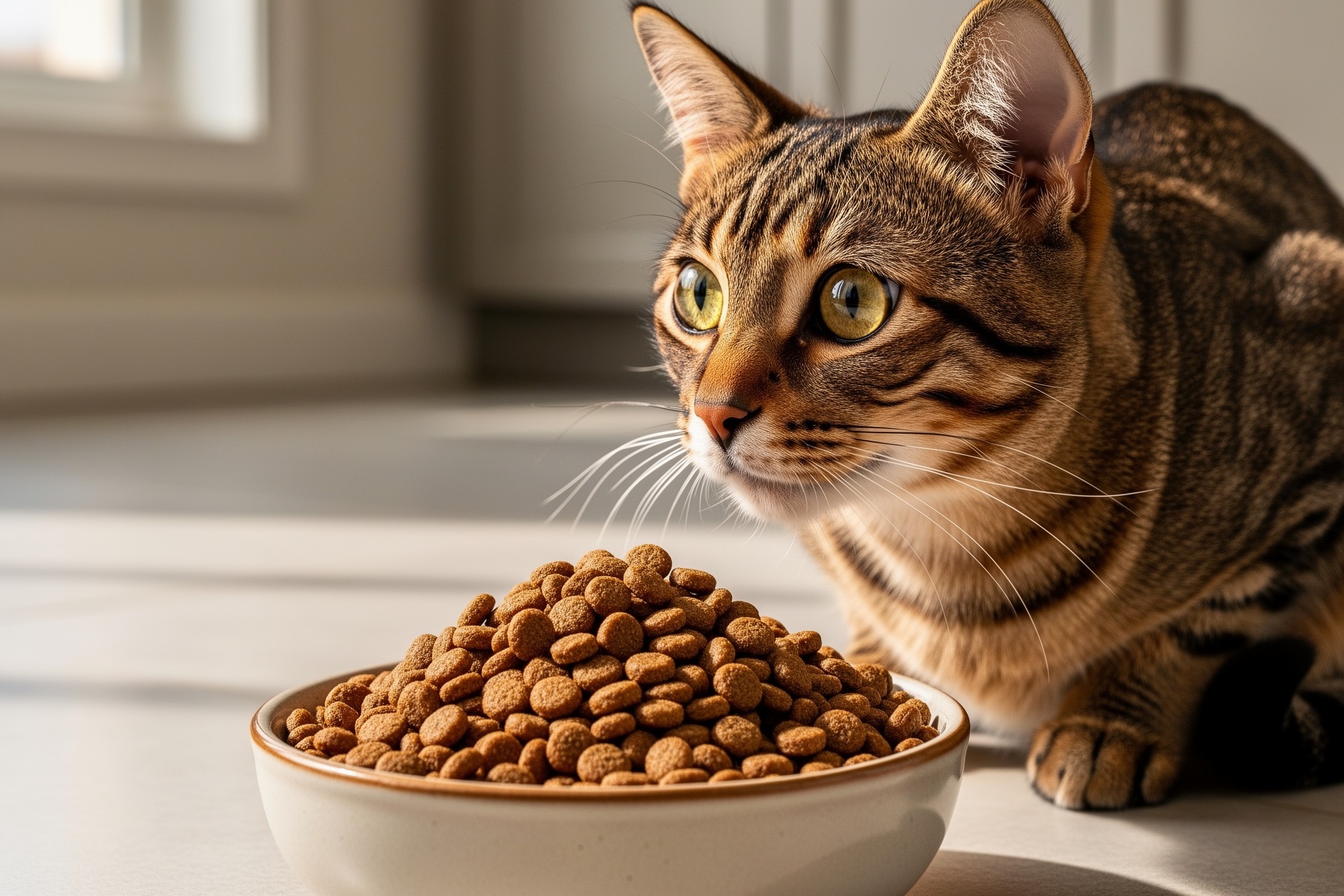 cica egy tál száraztáp előtt