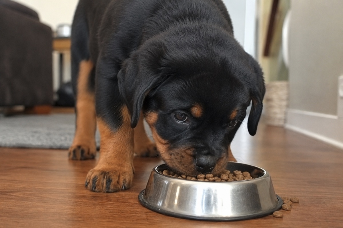 rottweiler kölyökkutya eszik
