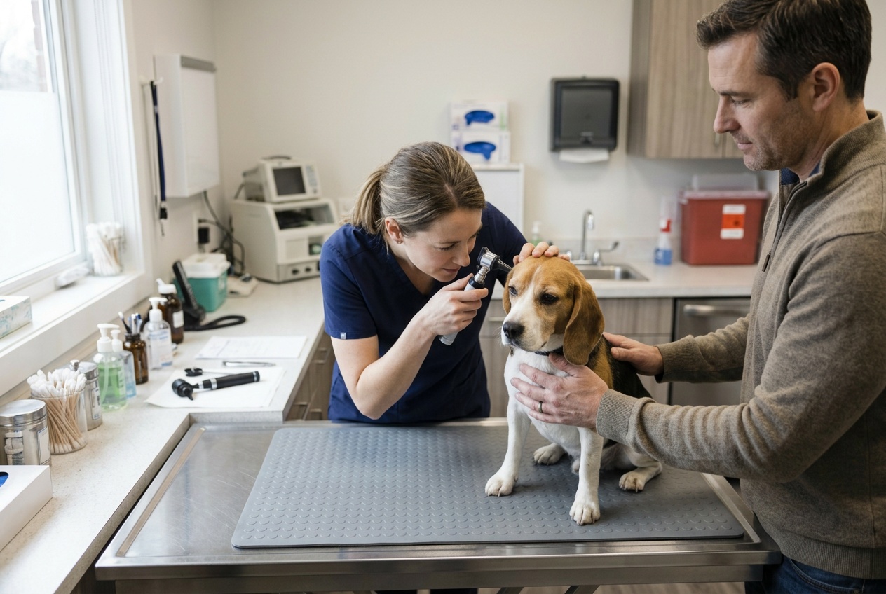 Állatorvos otoszkóppal vizsgálja egy beagle hallójáratát és dobhártyáját a rendelőben