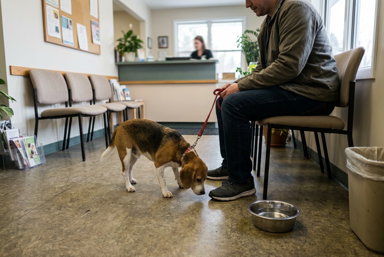 Beagle kutya gazdájával a rendelő várójában, vérvétel előtt